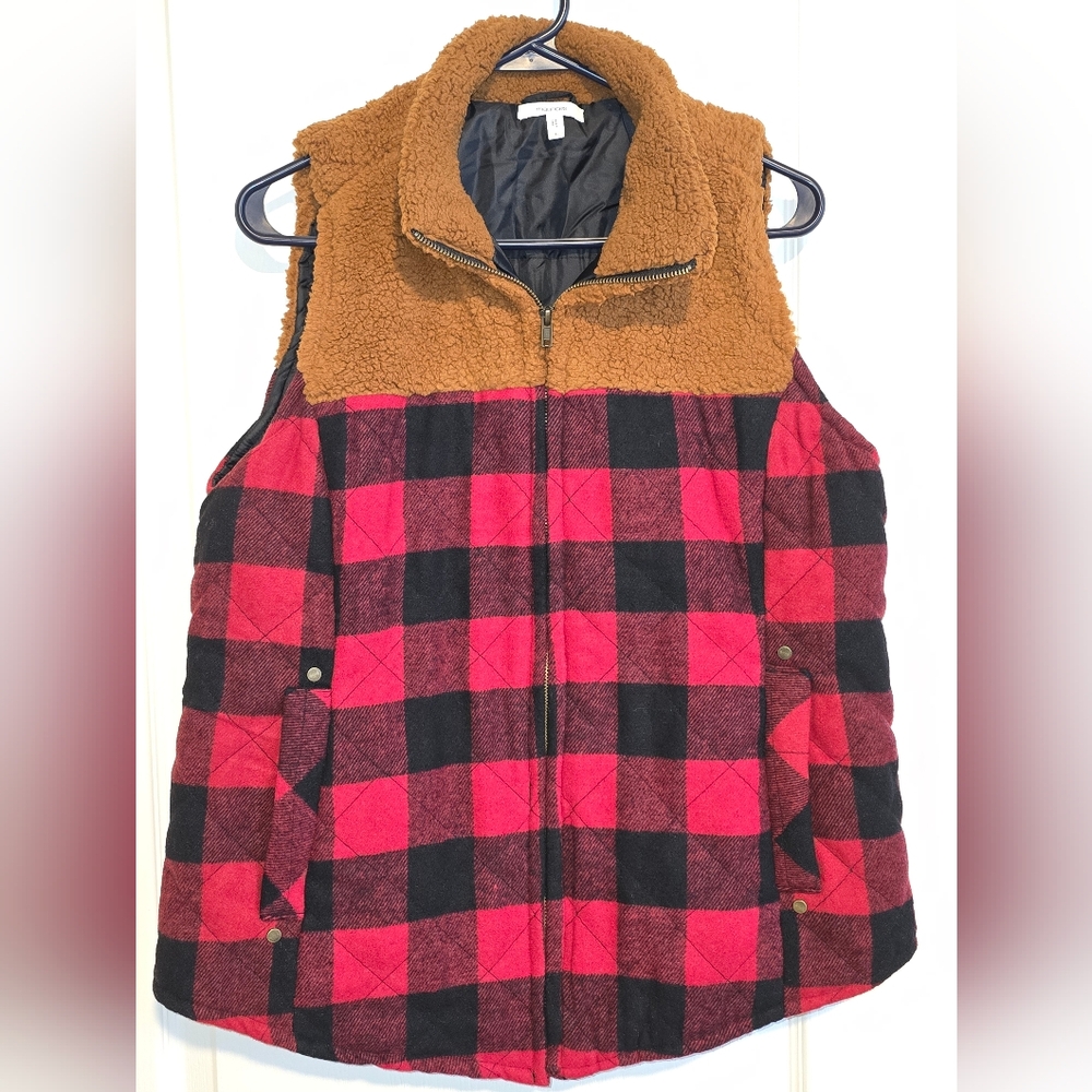 Maurices Red and Black Plaid Flannel Vest with Brown Sherpa.